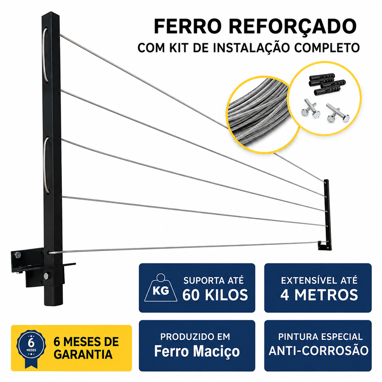 Varal de Parede Retrátil Reforçado Suporta até 60kg